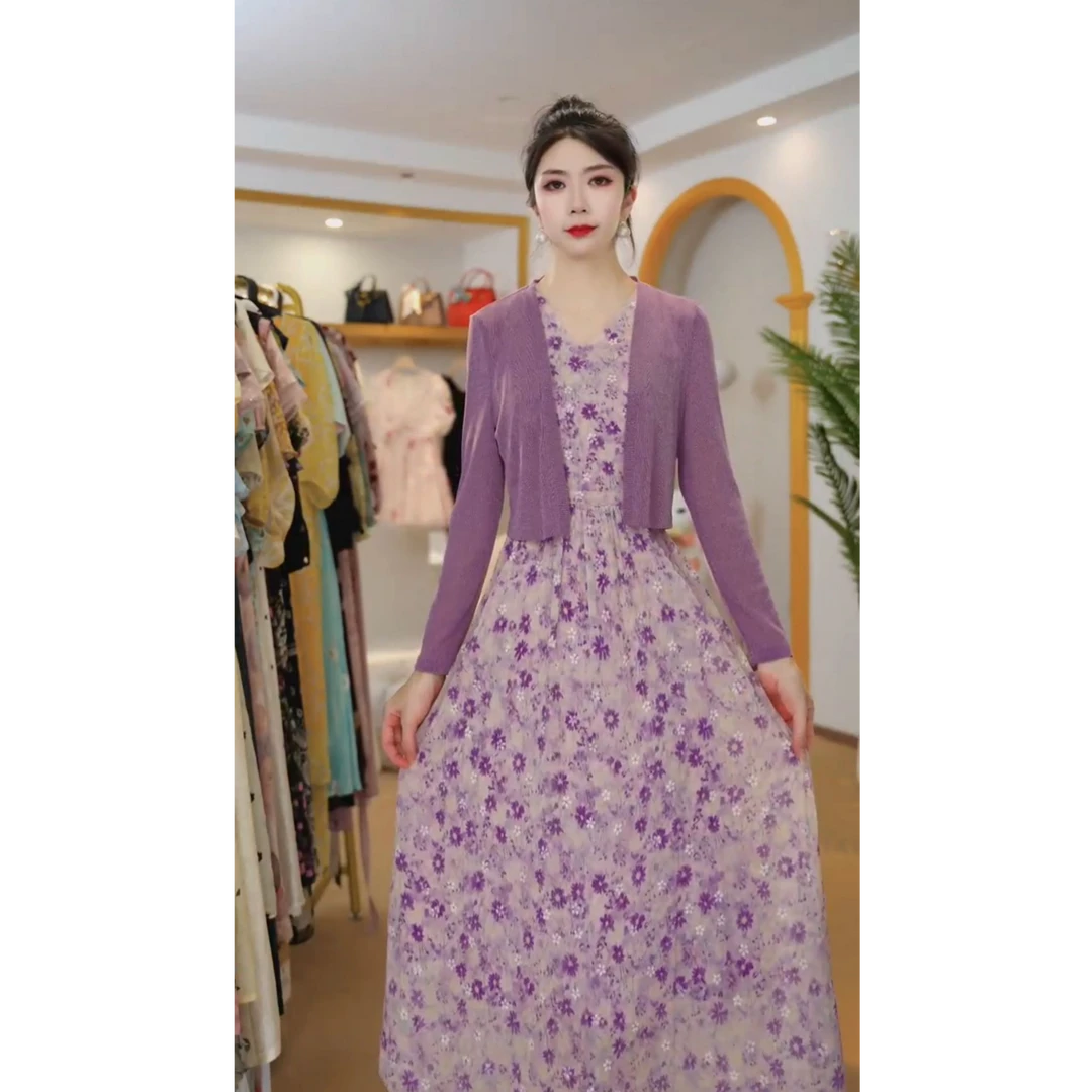 小清新时尚碎花法式2025款两件套外披加连衣裙D3097