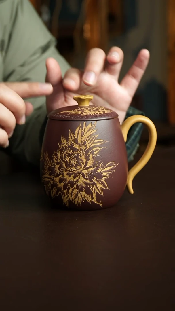 茶杯紫砂31号 李建军老师黄金段粉浆紫泥牡丹花盖杯