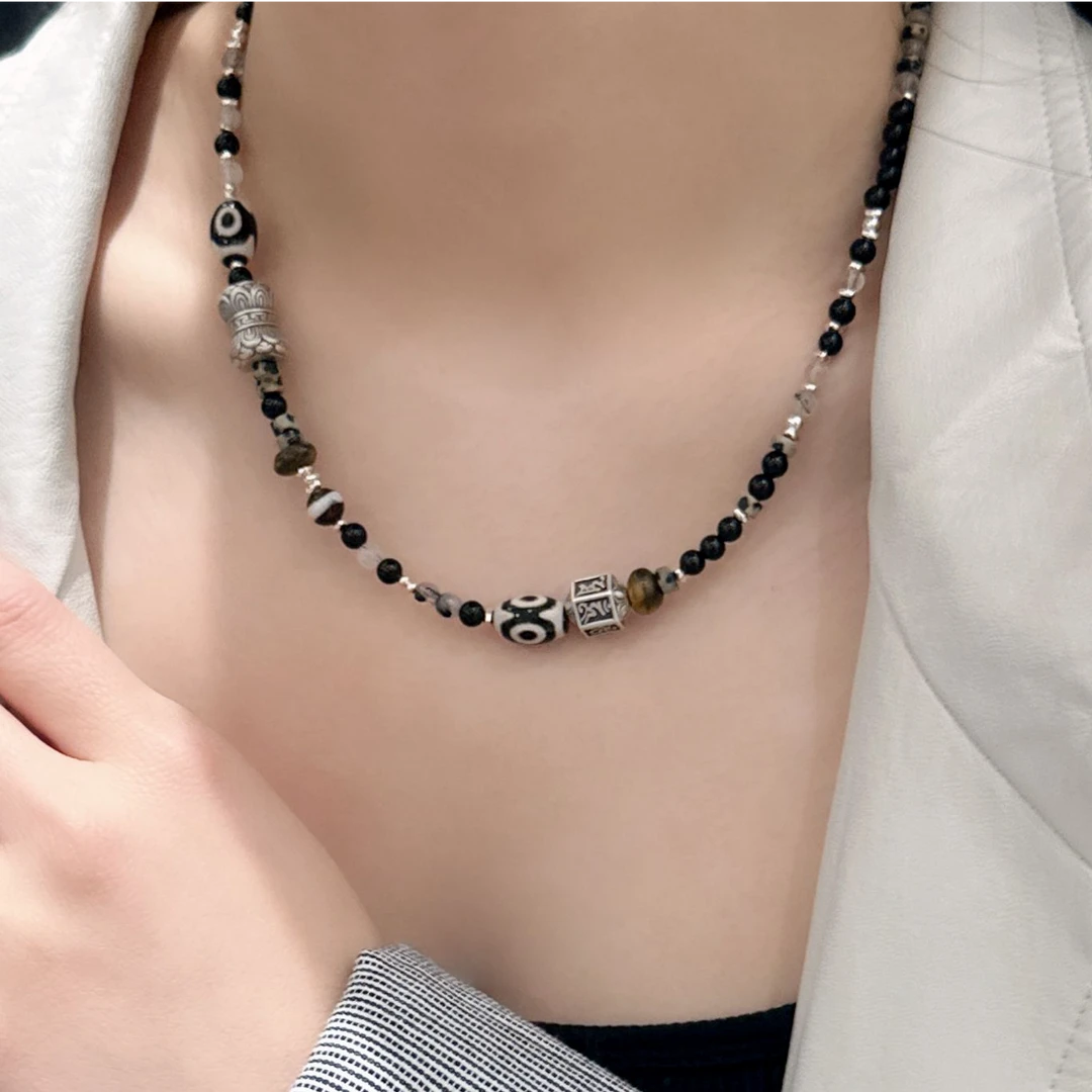 链子925银 【莲语】百搭复古做旧招颜黑色串珠轻奢时尚【D4468】