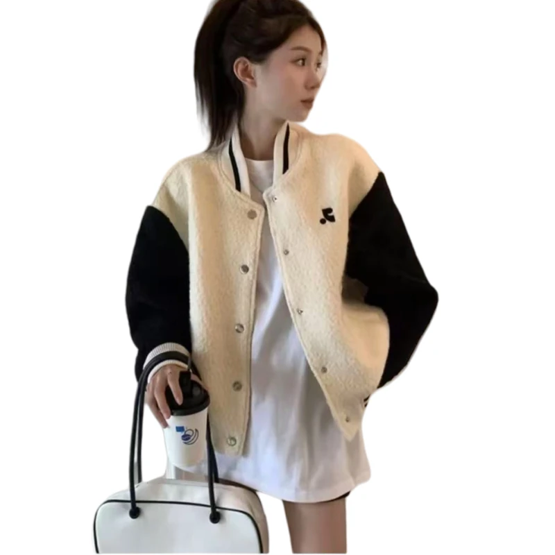 【CC专属】2025新款宽松休闲拼接皮袖立领棒球服-916