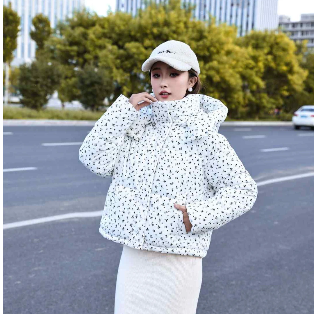 棉衣休闲短款百搭国风碎花女士花棉袄棉服宽松连帽加厚