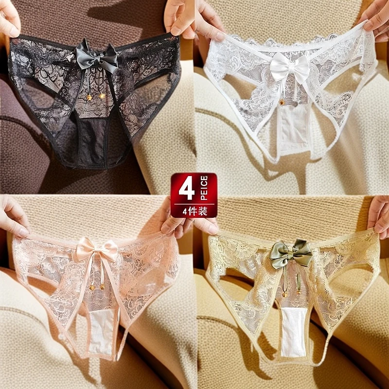 金色铃铛~性感蕾丝内裤女款甜美法式蝴蝶结低腰纯欲镂空三角短裤