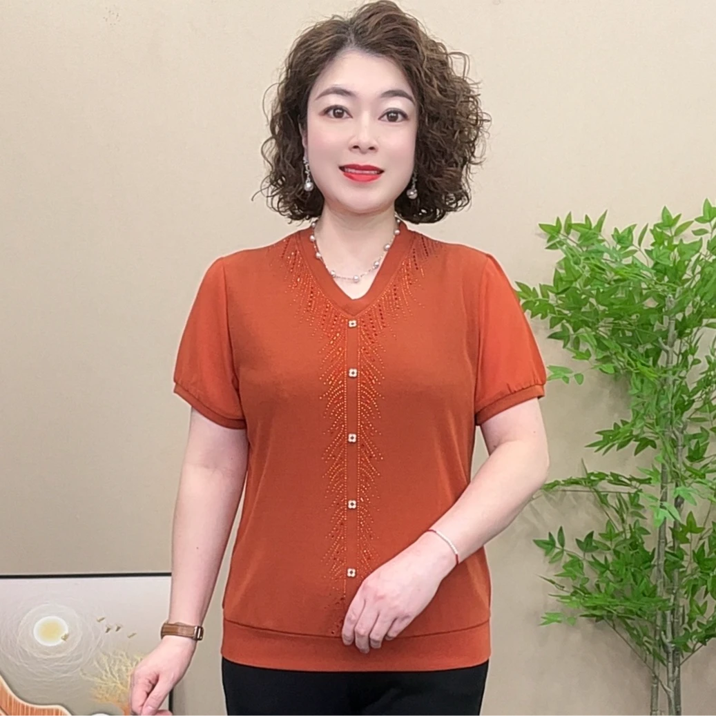 短袖气质时尚大码薄款针织衫中老年妈妈女装夏季显瘦宽松洋气V领
