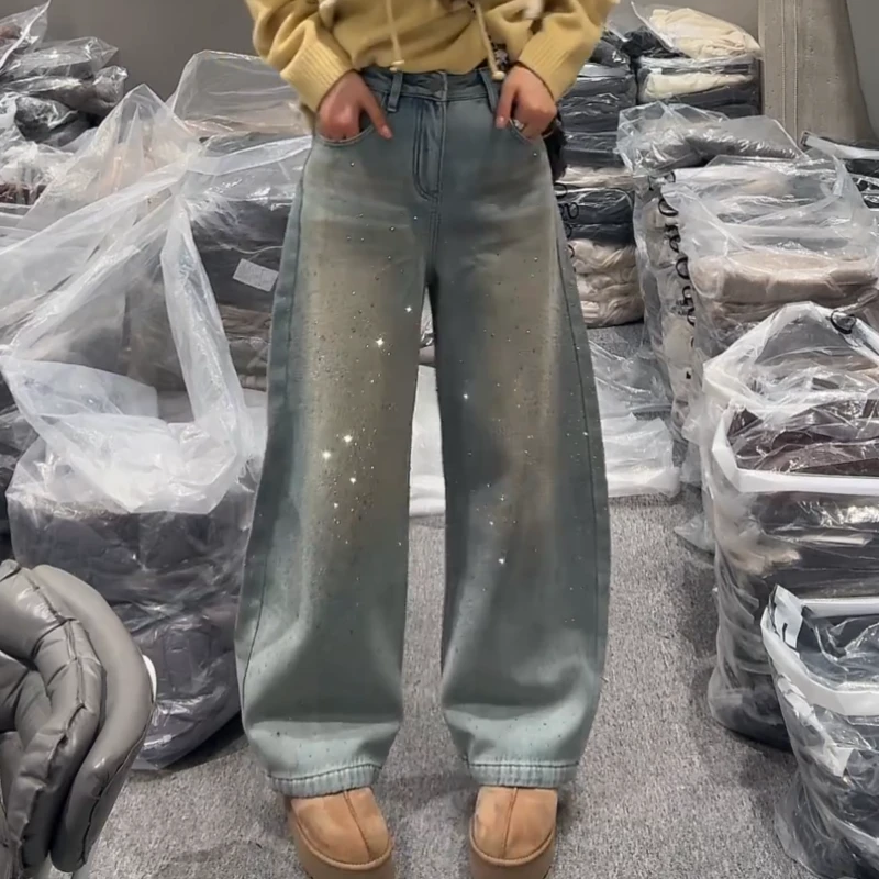 【耀眼星河】冬季新款时尚闪钻高腰加绒显瘦阔腿牛仔裤LK2509117