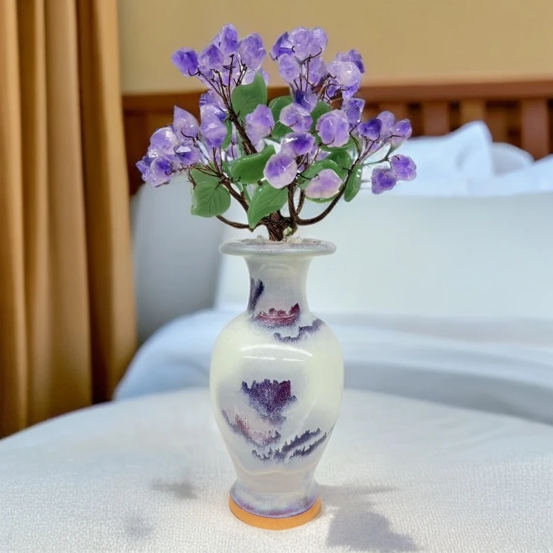 【姚姐家水晶坊】紫水晶开片钧瓷花瓶现代古典家居客厅装饰工艺品