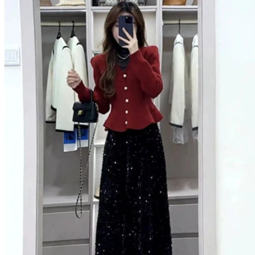 甜美减龄针织衫v领名媛风荷叶边开衫毛衣时尚半身裙网红两件套潮