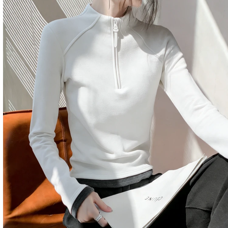 白色正肩显瘦半拉链撞色上衣长袖T恤卫衣德绒保暖百搭上衣打底衫