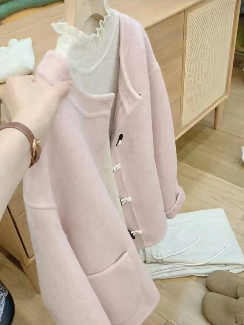 七言家 豆蔻粉牛角扣短款双面呢外套