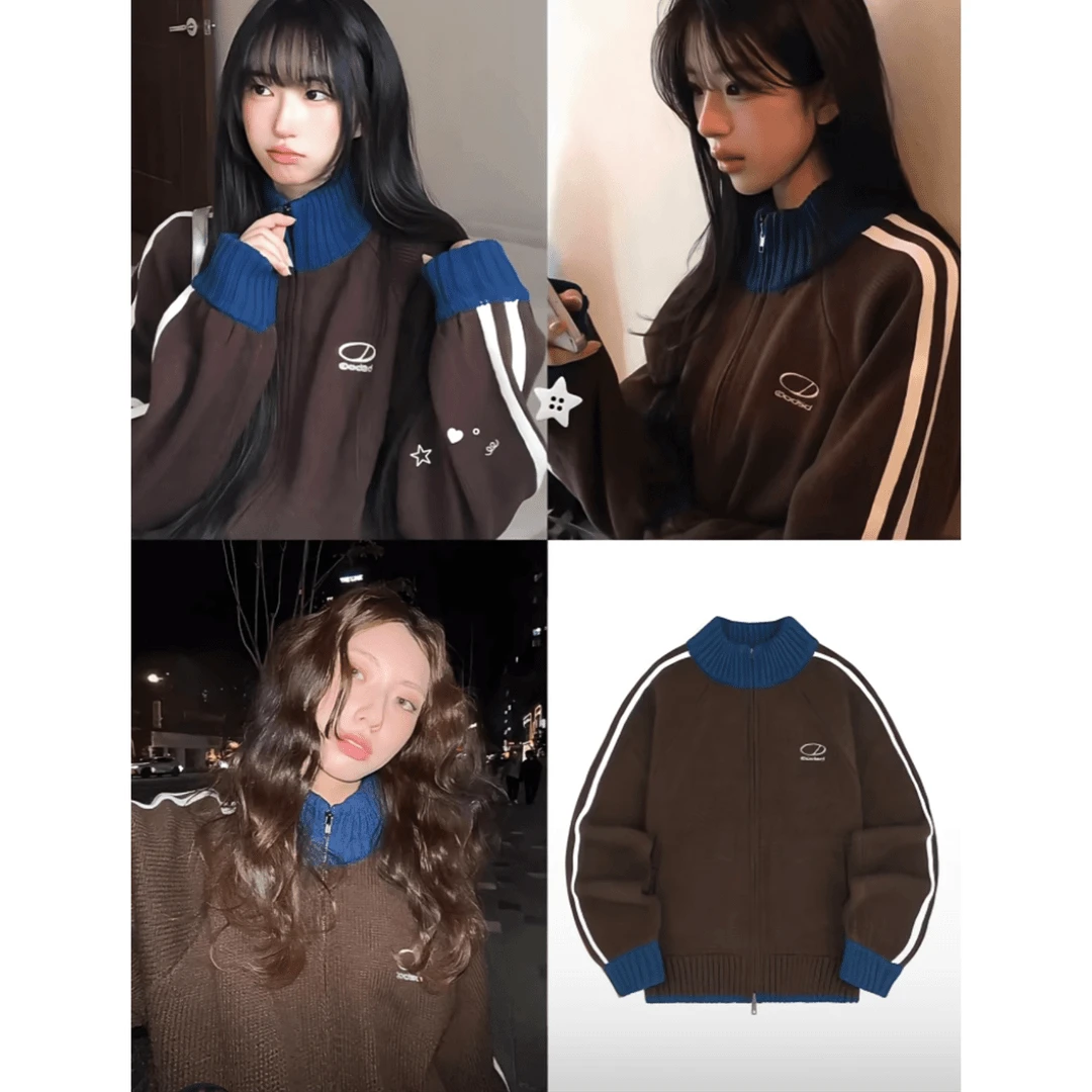 外套女美式复古立领拼色条纹毛衣秋冬季设计感休闲百搭开衫上衣