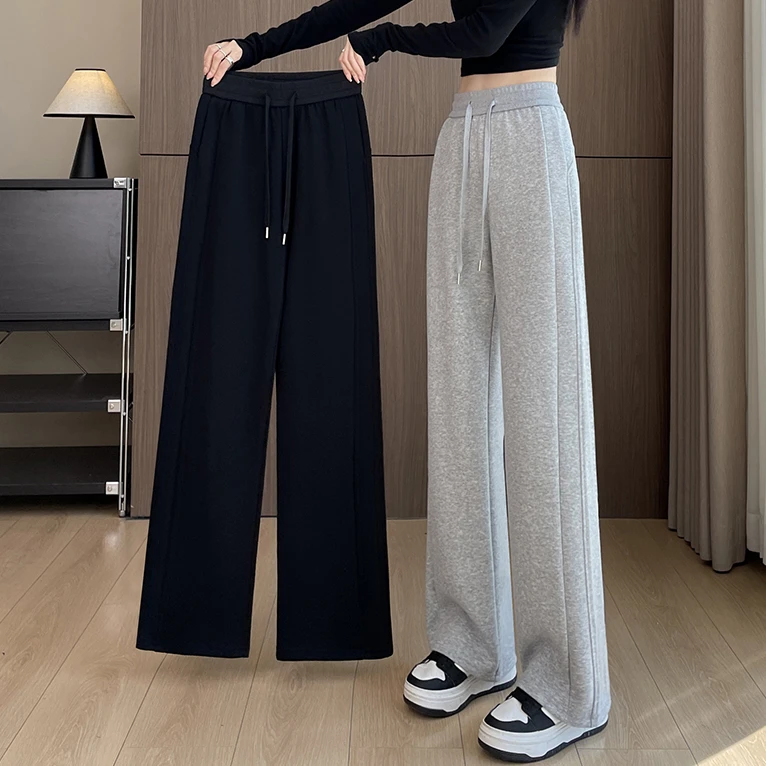 窄版阔腿裤女秋冬2025新款灰色运动裤高腰加绒直筒香蕉裤休闲卫裤