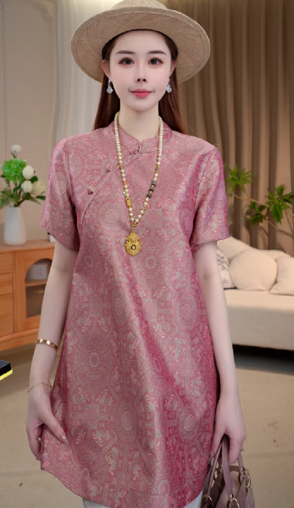【宝相花】重磅织金宋锦短袖气质显瘦奥黛小衫2025B6537-瑾玉杭锦仓