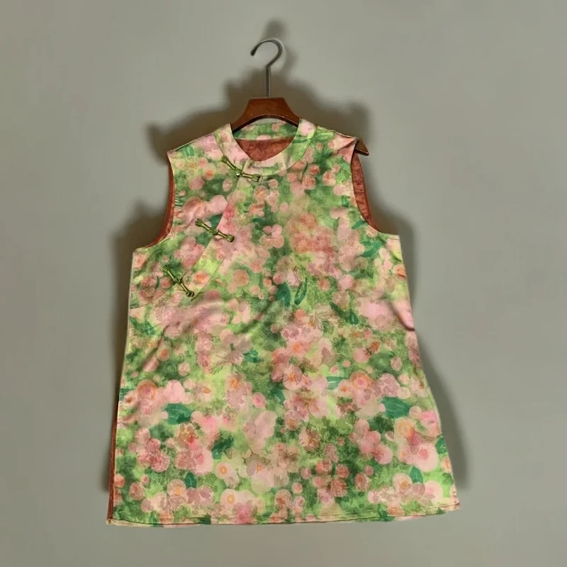 杭州重磅花萝缎绿粉无袖国风奥黛女款上衣小衫2025新设计原创正品