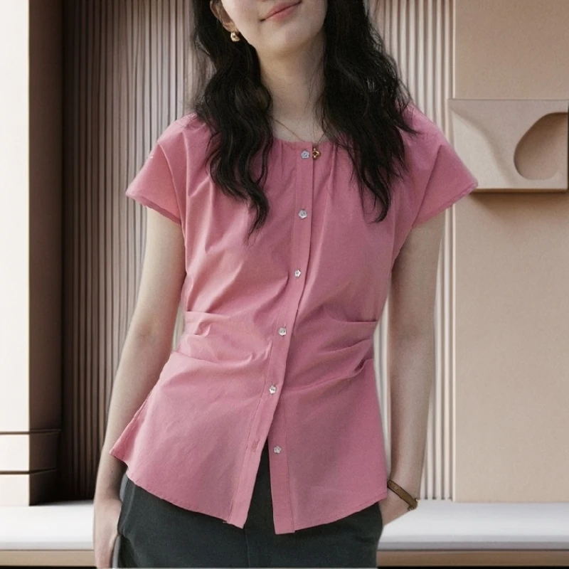 【雅岚女装】时尚洋气显瘦法式遮肉收腰褶皱绑带修身衬衫女夏季新款