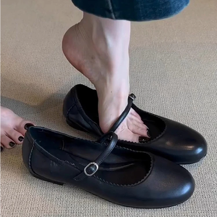 羊皮版~黑色复古圆头平底一字扣玛丽珍鞋女韩版舒适浅口芭蕾单鞋