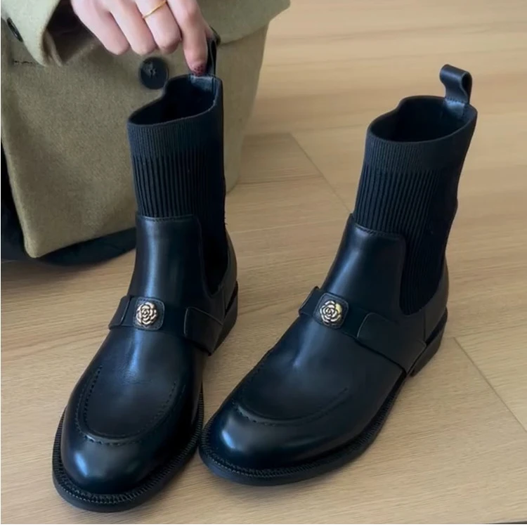 牛皮版~复古山茶花弹力瘦瘦靴女百搭圆头英伦粗跟短靴袜靴马丁靴