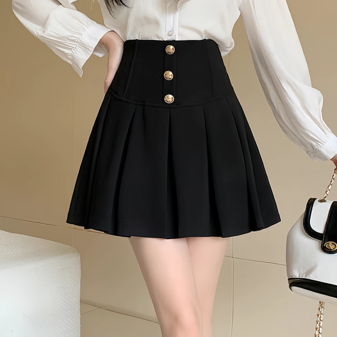 胖MM浩元 12005大码新款毛呢黑色带扣洋气百搭高腰A字显瘦百褶裙