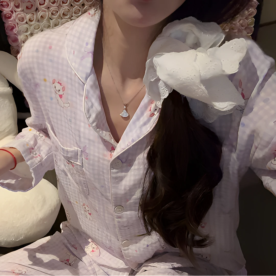 【小侨专属】【格子猫咪】日系可爱纯棉舒适透气双层棉纱家居服睡衣DD