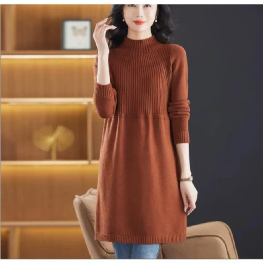 K31#加绒竖条半高领毛衣连衣裙女