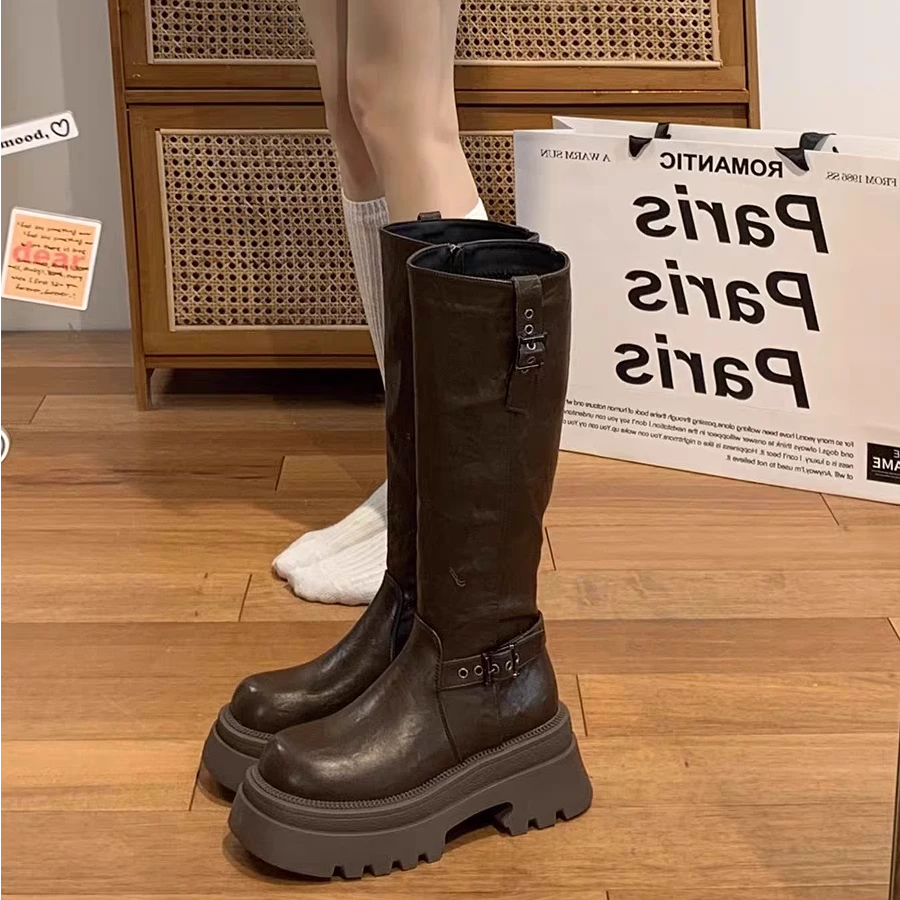 新款百搭加绒秋冬小个子长筒英伦风女靴