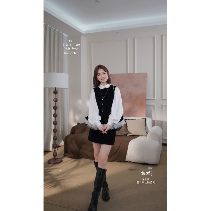 板栗西西【哥特蔷薇】秋冬法式气质设计感网纱马甲衬衫半裙三件套