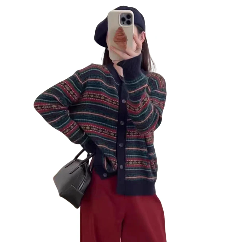 费尔岛小开衫提花圆领休闲百搭慵懒风撞色正肩拼色宽松毛针织衫