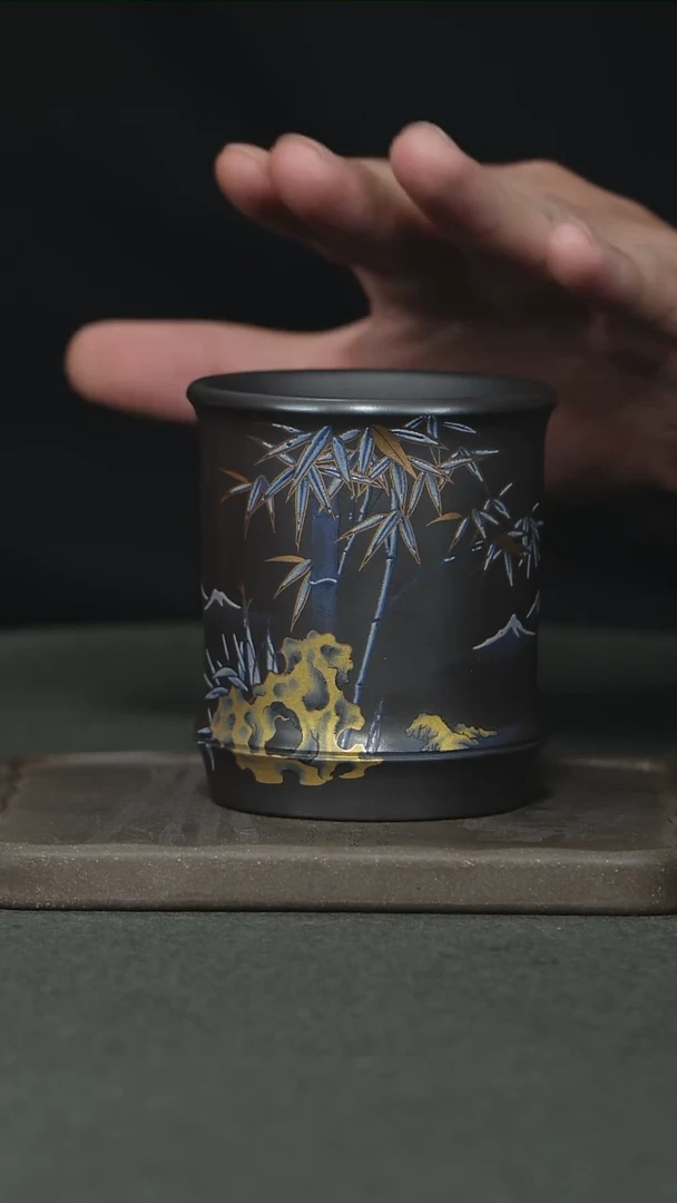【闪购商品】紫砂茶杯0074石黄手绘富竹天下主人杯紫砂