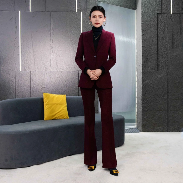 Falaibang/法莱邦151红蓝双色微喇裤型毛呢西装套装