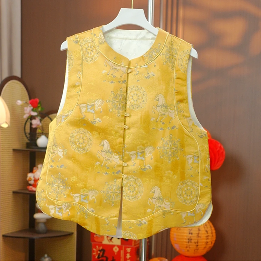 《小马-如意宝箱》新中式国风提花马甲女春秋装双面穿圆领