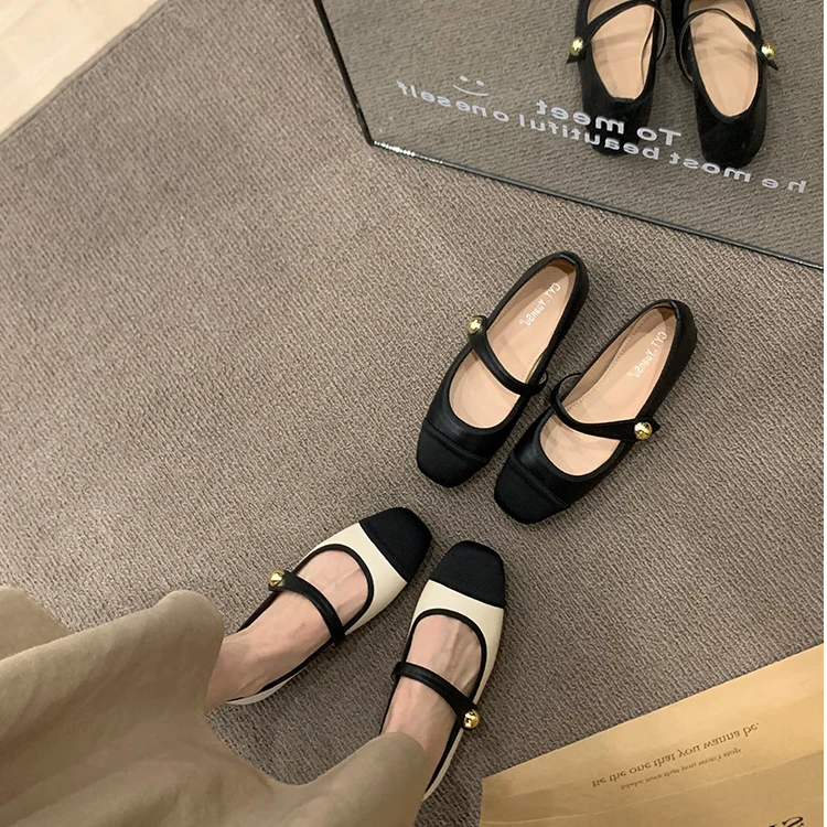 拼色气质真皮法式晚风浅口芭蕾单鞋女2025新款平底一字带玛丽珍鞋