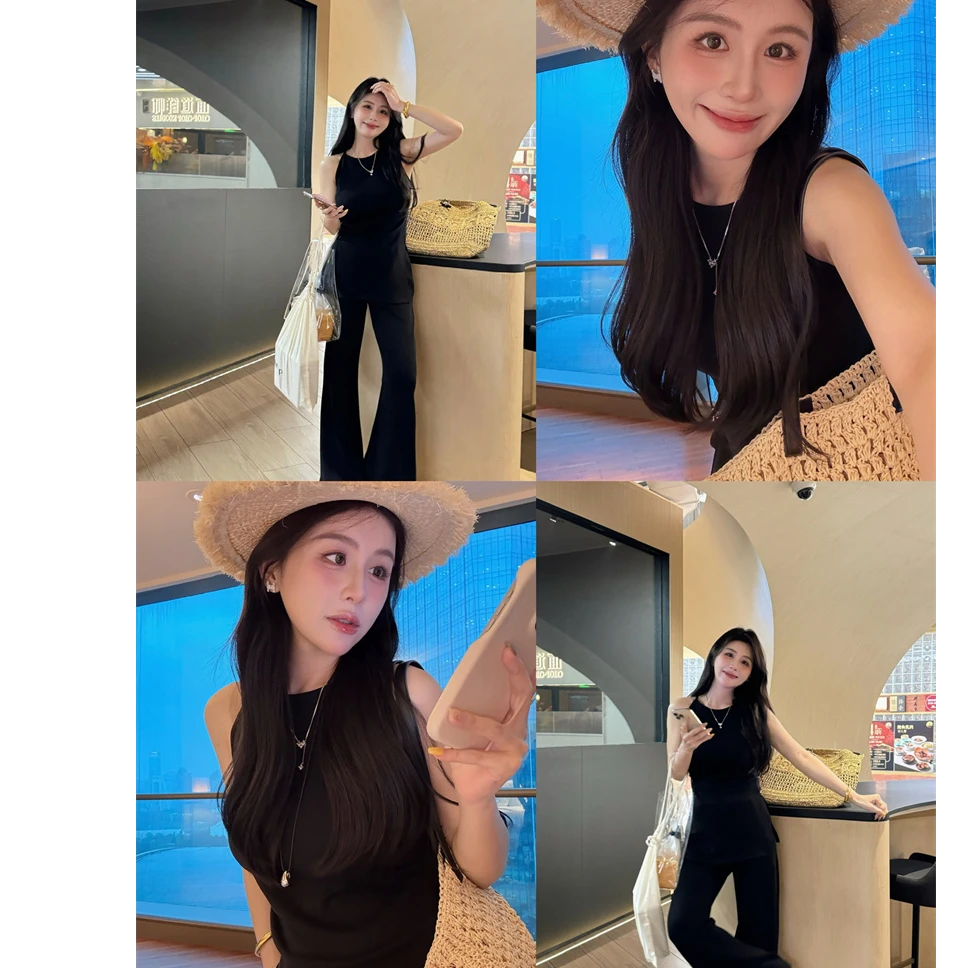 YPP!【显瘦纸片人】廓形遮胯黑色吊带/短袖上衣微喇腿精长裤套装