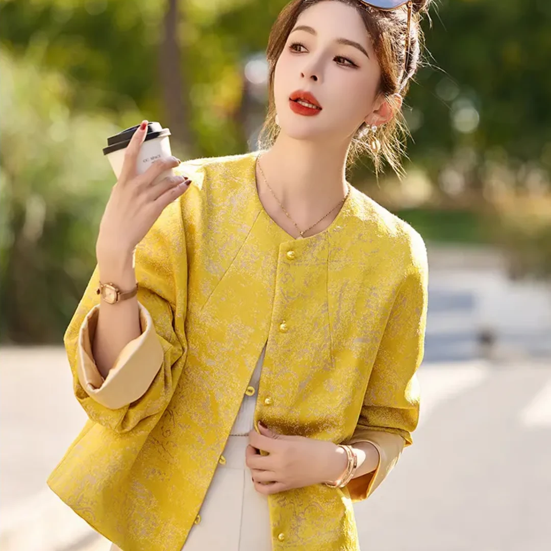 2025新款春季新中式上衣宽松显瘦提花复古国风圆领女气质外套百搭