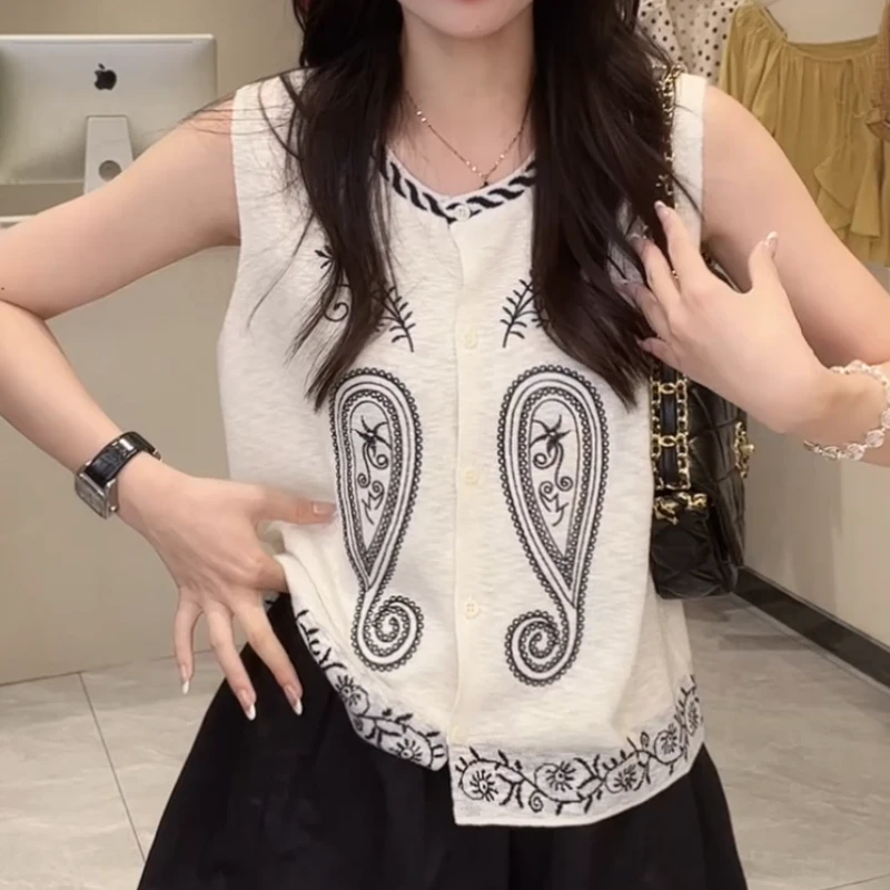 2025夏季复古民族风拼色无袖针织上衣LK2504192