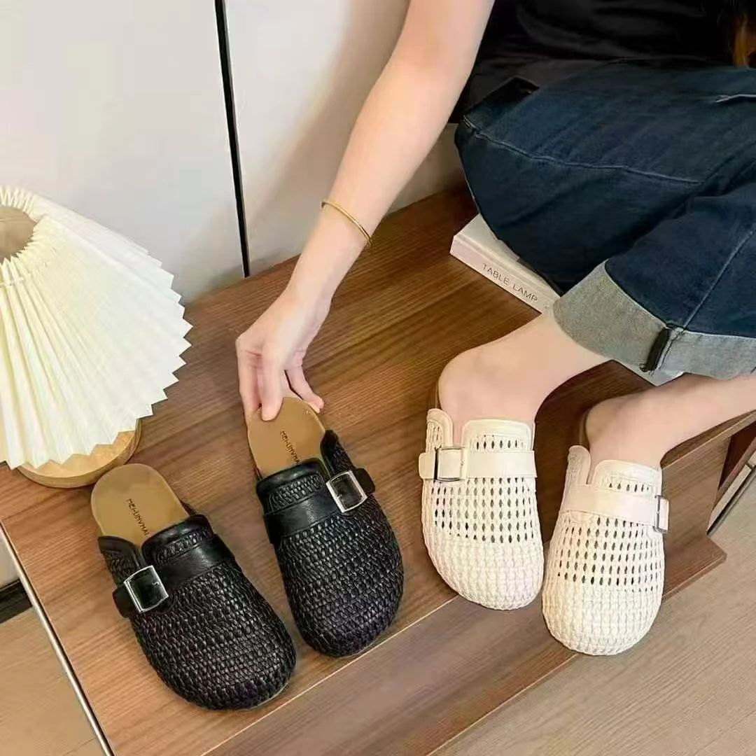 小敏家 包头鞋女夏季外穿拖鞋 百搭编织一脚蹬软木底半拖鞋K606