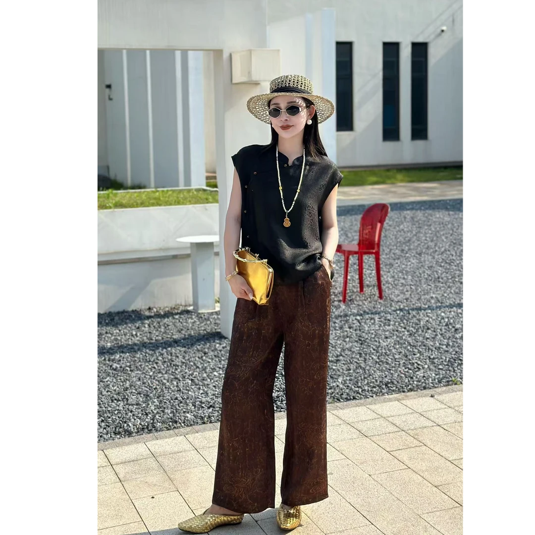 高端女装百搭时尚香云纱双色双穿阔腿宽松女士直筒裤九分裤W69101