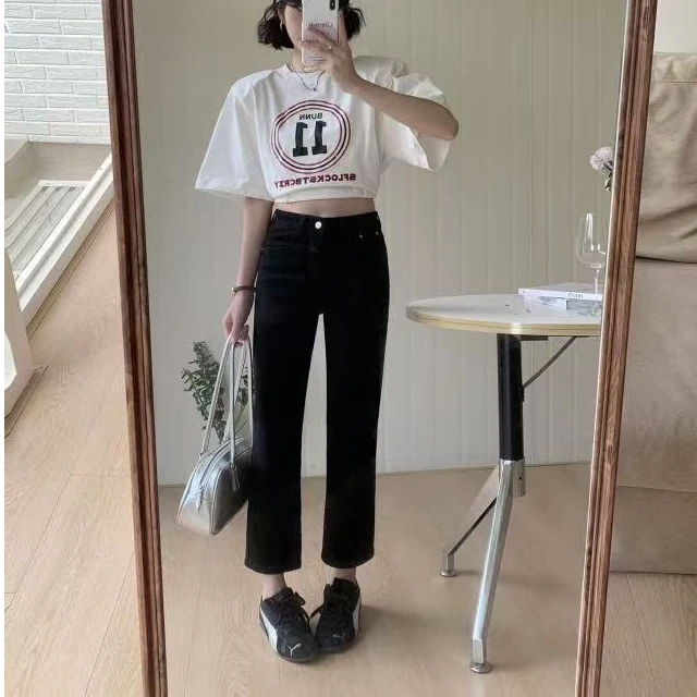 美红家    70280春款高腰弹力黑色烟管裤