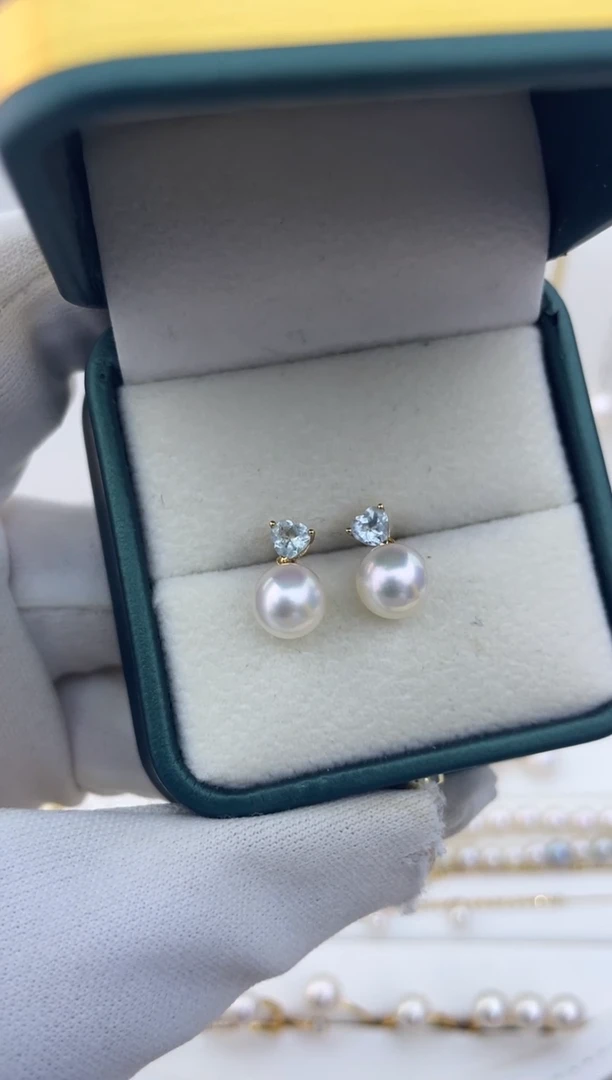 18K金镶嵌耳饰海水珍珠18K金海水akoya7.5-8耳钉