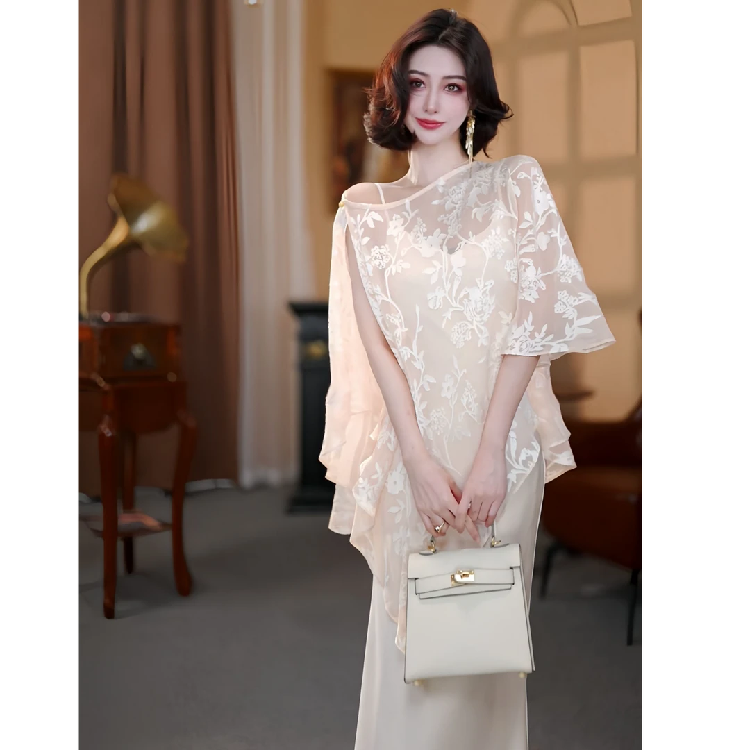 【大晶定制】“花好月圆”新款优雅轻奢网纱裸粉色吊带真两件套连衣裙