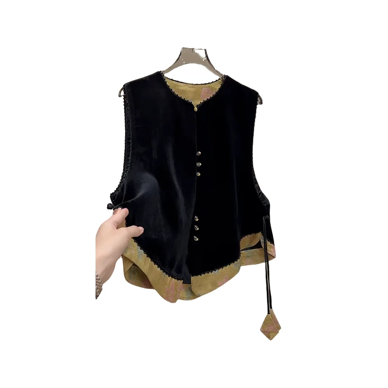 秋冬新款国风丝绒马甲侧面流苏洋气减龄时尚百搭