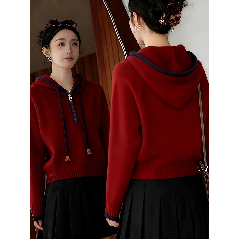 韩系气质慵懒风拼色连帽针织衫女秋冬新款休闲百搭宽松显瘦上衣潮