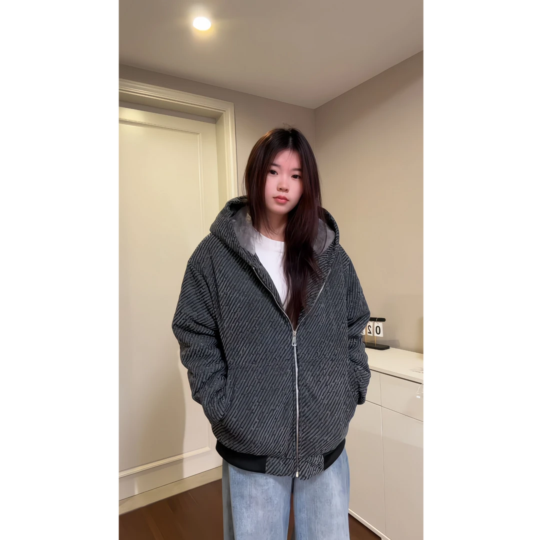 加绒加厚针织感小香风银丝开衫连帽棉服秋冬季男款宽松潮牌卫衣