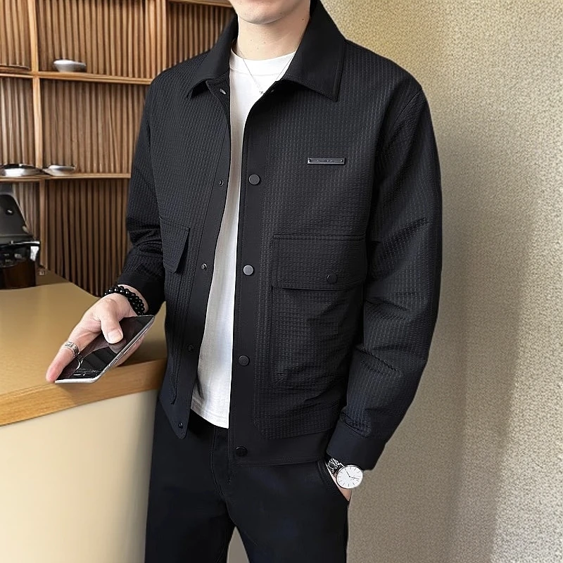 春季新款男士修身帅气纹理拼接工装翻领夹克时尚潮流百搭休闲外套