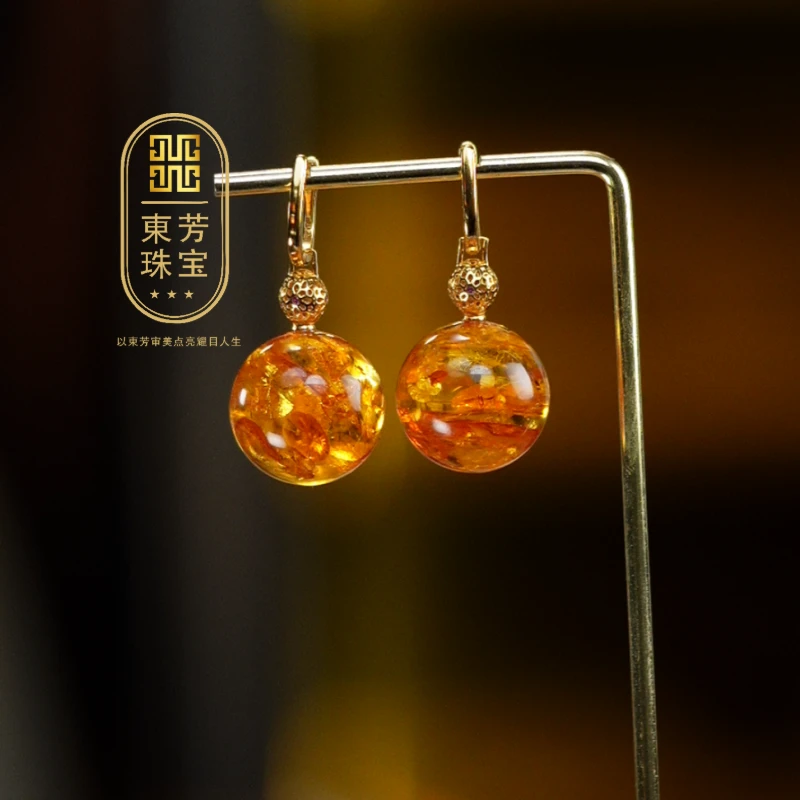 東芳珠宝-20mm俄罗斯天然花珀耳环S925琥珀耳勾时尚百搭复古镶嵌