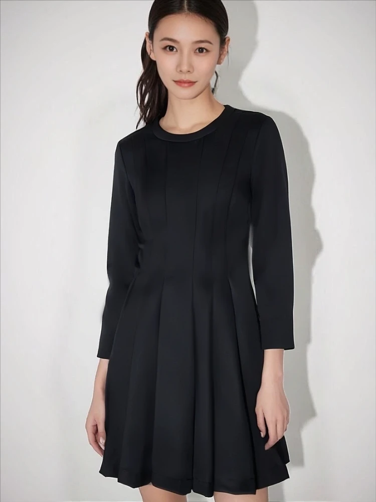 纯色显瘦POLO领A字裙圆领连衣裙裙子名媛优雅礼服