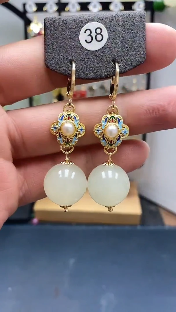 银S925镀金镶嵌和田玉耳饰尺寸16mm耳扣A2