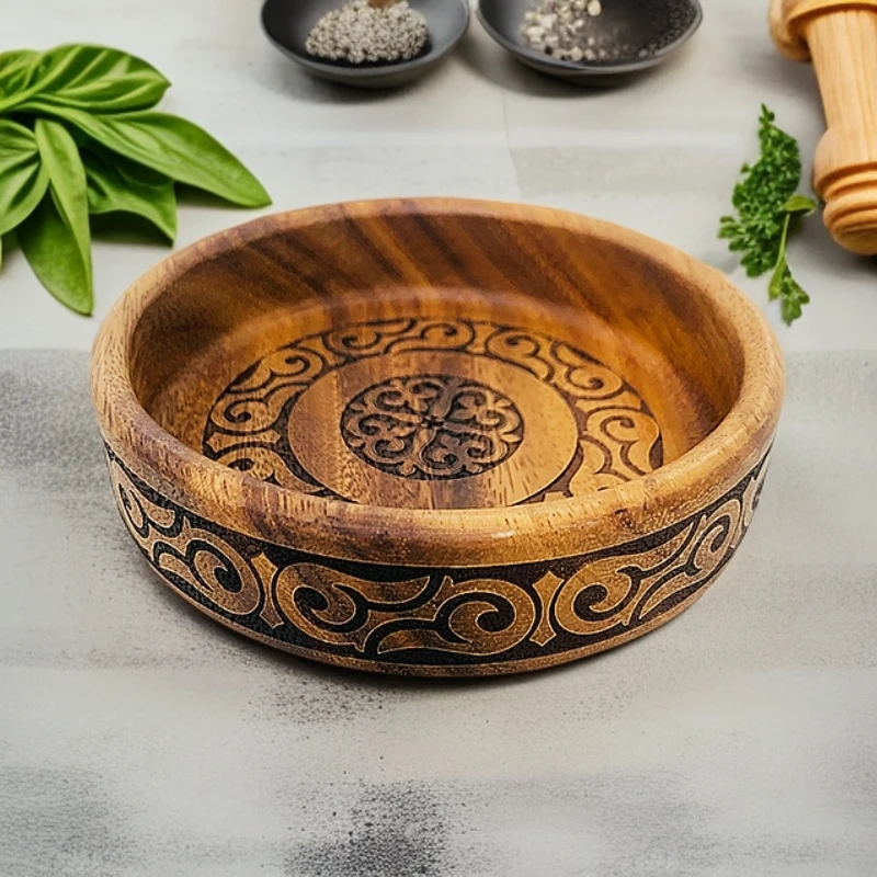 AKSARAY新款相思木整实木果盘干果坚果零食圆形盘周围内部带花纹