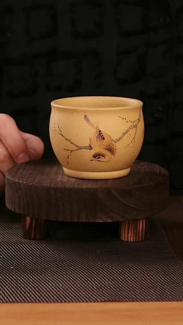 茶杯紫砂黄金段喜上眉梢紫砂手工刻绘主人杯180CC