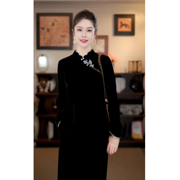 【晚香玉】满分桑蚕丝丝绒上衣女秋修身新中式国风小衫MCGSY1656