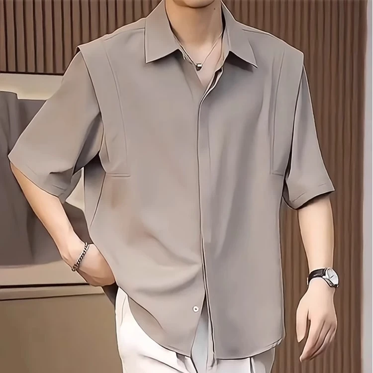 高级垂感冰丝短袖衬衫男夏季半袖上衣韩版潮流纯色免烫中袖衬衣