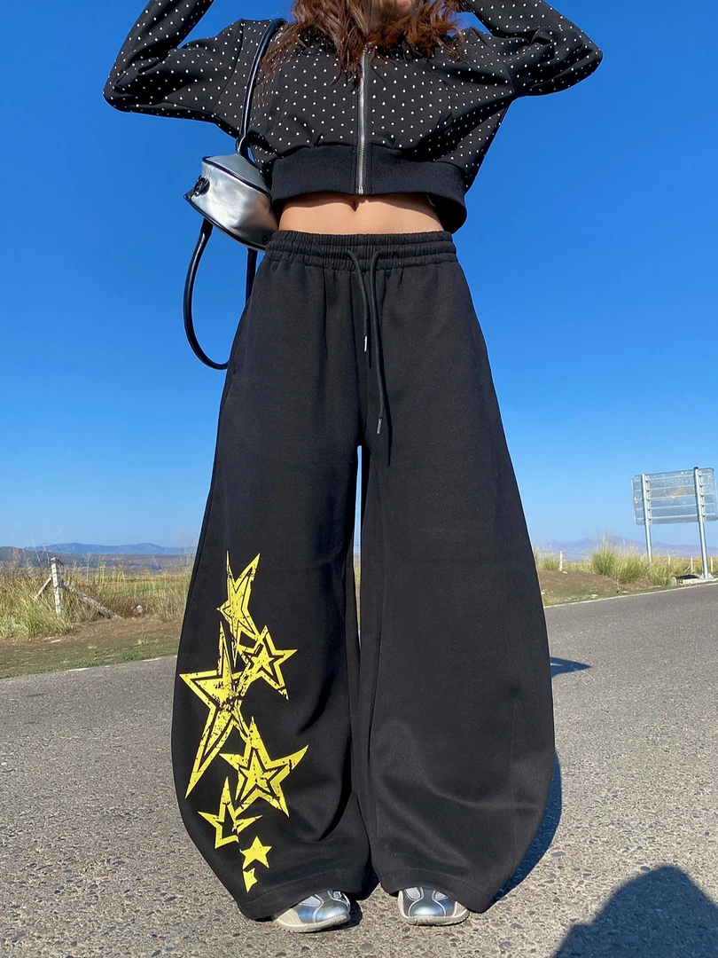 2025爆款高街美式星星印花弯刀卫裤男女百搭休闲慵懒垂感跳舞裤子