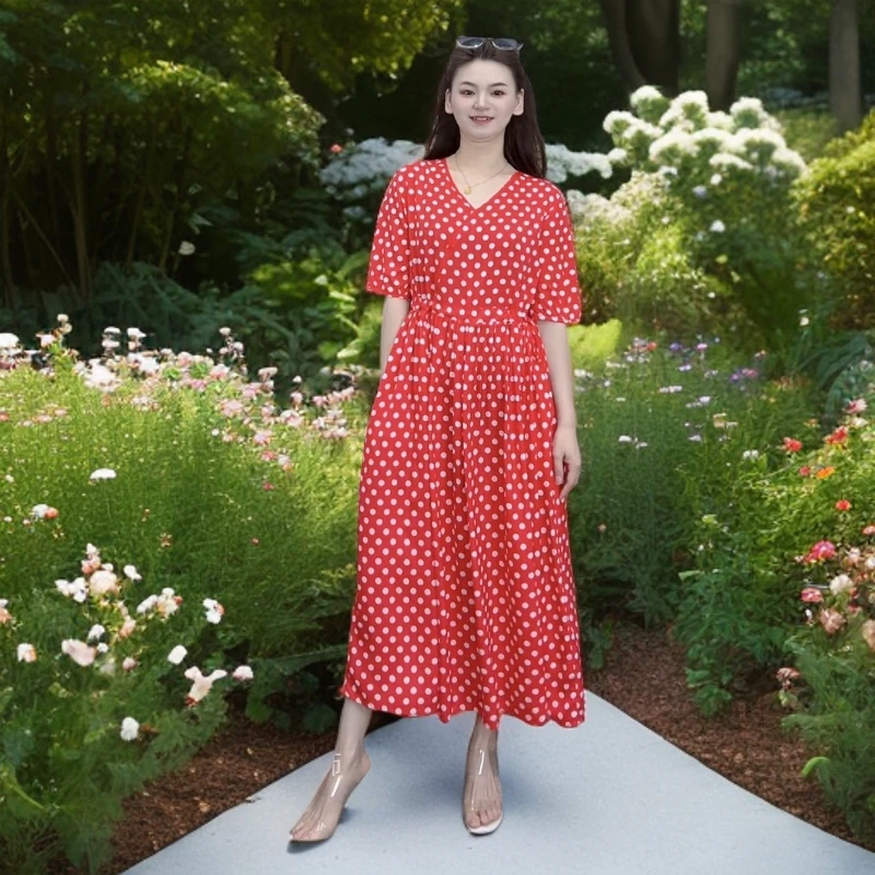（棉绸波点）九儿新款夏季上新棉绸斜肩V领时尚大气显瘦收腰连衣裙